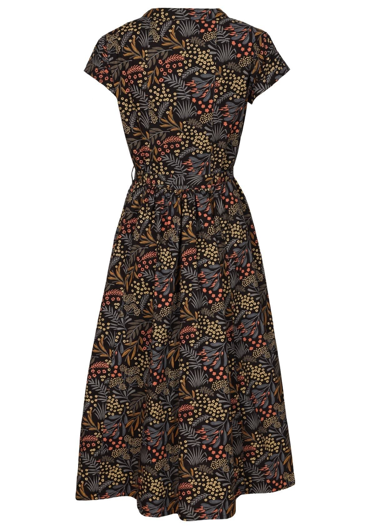 100% cotton shin length dress with beautiful native floral print on black base