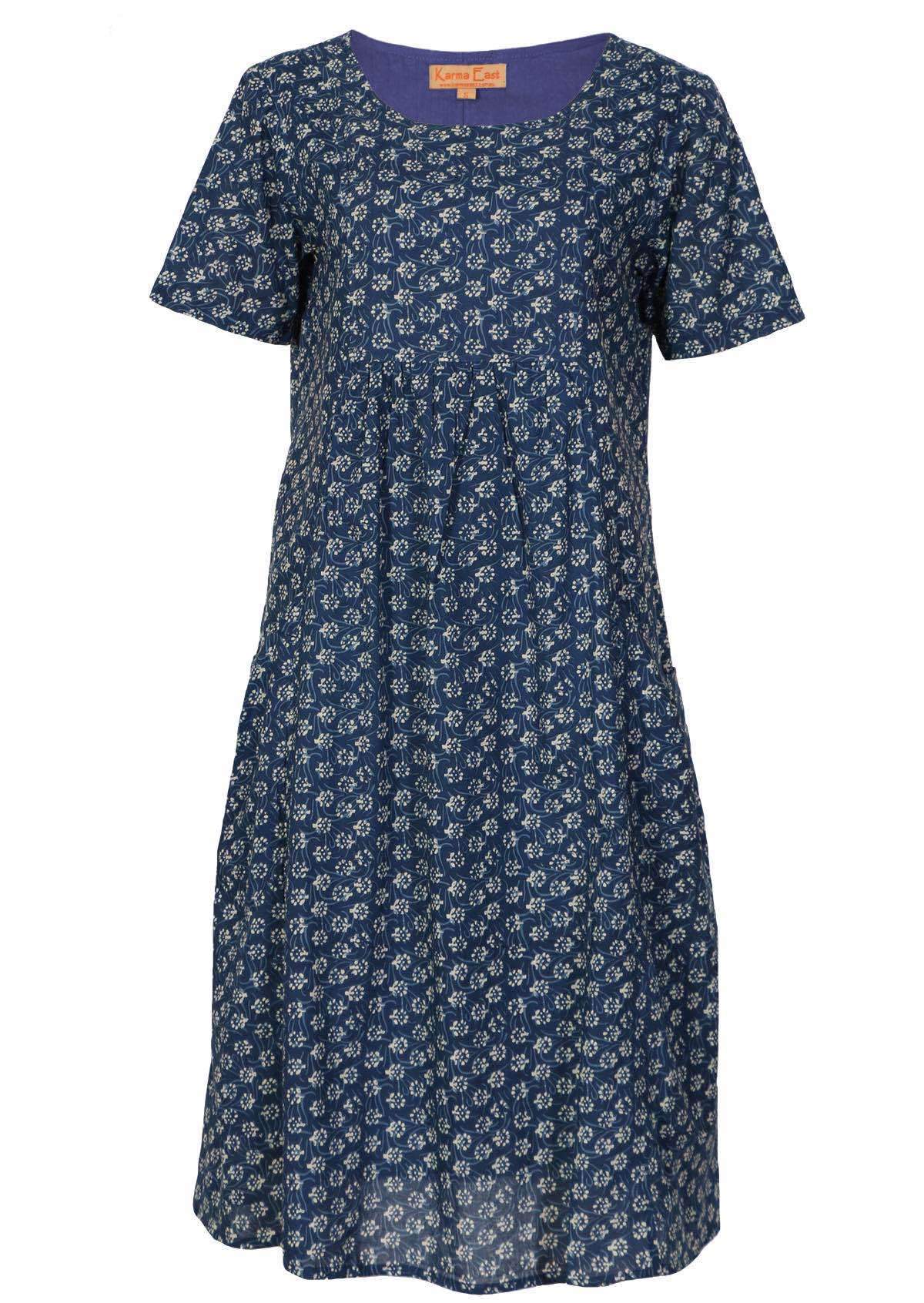 Sweet white flowers on a navy blue base cotton short sleeved dress